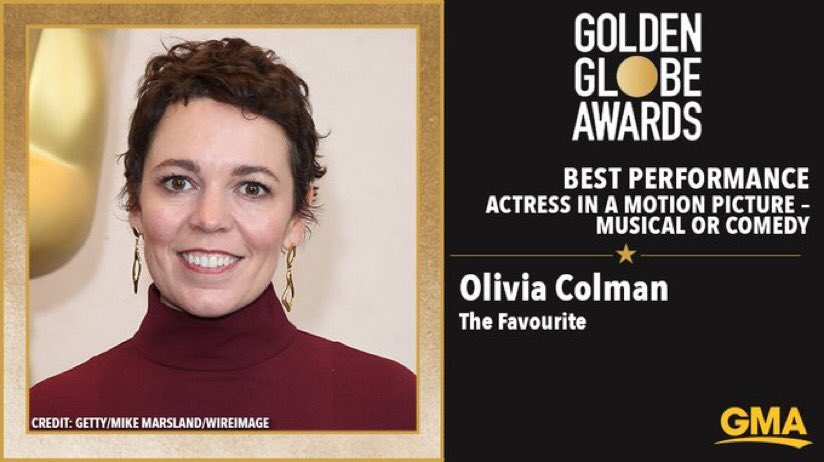 TheRepZone's tweet photo. #OliviaColman wins Best Performance by an Actress in a Motion Picture, Musical or Comedy for her performance in @the_favourite #GoldenGlobes⁠ ⁠ #TheFavourite #GMA #therepzone https://t.co/CW0SwezEdD