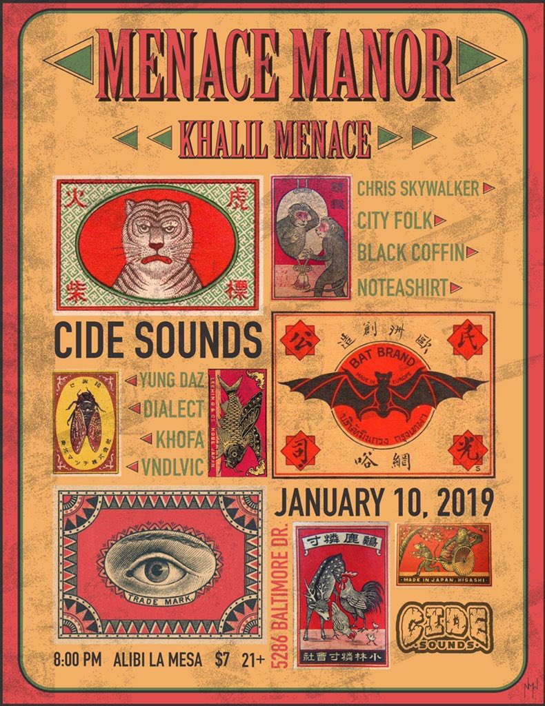 newwaveshit's tweet photo. * MENACE MANOR *
    * * 1 • 10 • 19 * *
         8PM * $7 
@KhalilMenace
@CHRISSKYWALKER_
@CityFolkC
##BlackCoffin
@noteashirt
@Cidesounds
##YungDaz
@dialectd2a
@Khofa_
##vndlvic
*5286 Baltimore Dr.* https://t.co/0hwmV7kMdS