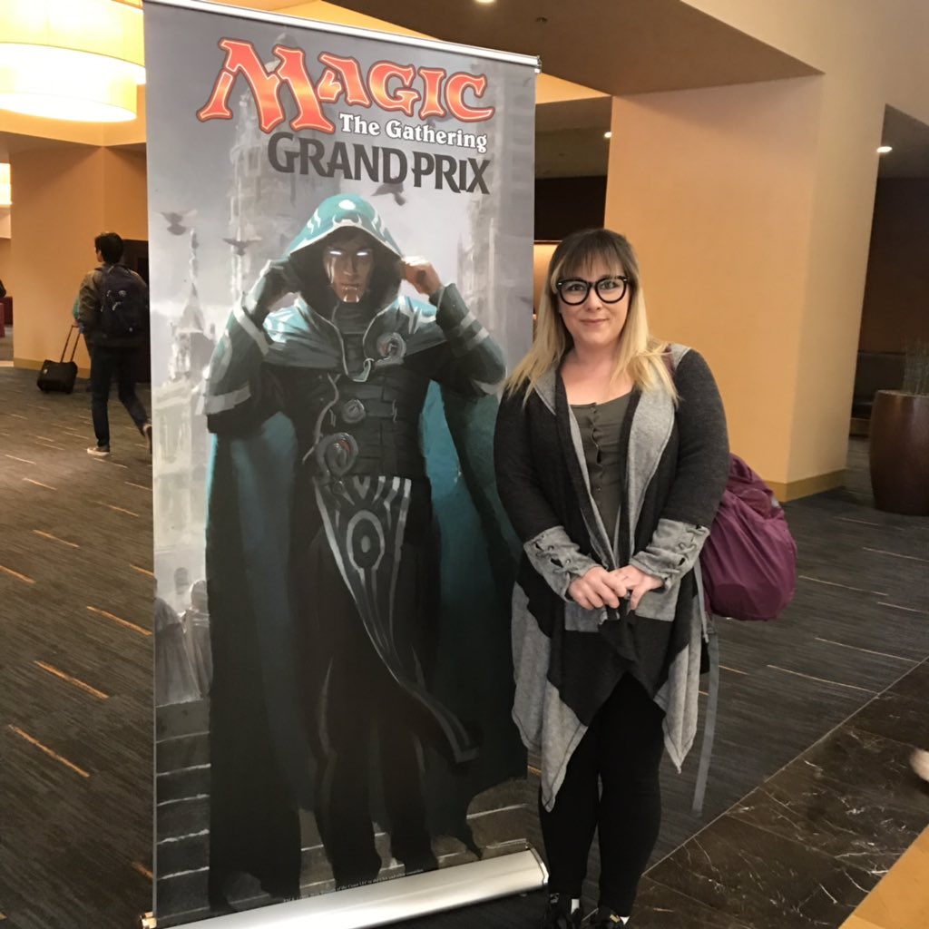 NerdyPam's tweet photo. Went to my first Magic the Gathering GP this weekend. I didn’t make day 2 with my #burn deck but my partner did with #DeathShadow! I killed it in side events clearing 400 tix on my own and 800 including two-headed giant. I love this game! #magic #mtg #gpportland https://t.co/aFBv5k5P0K
