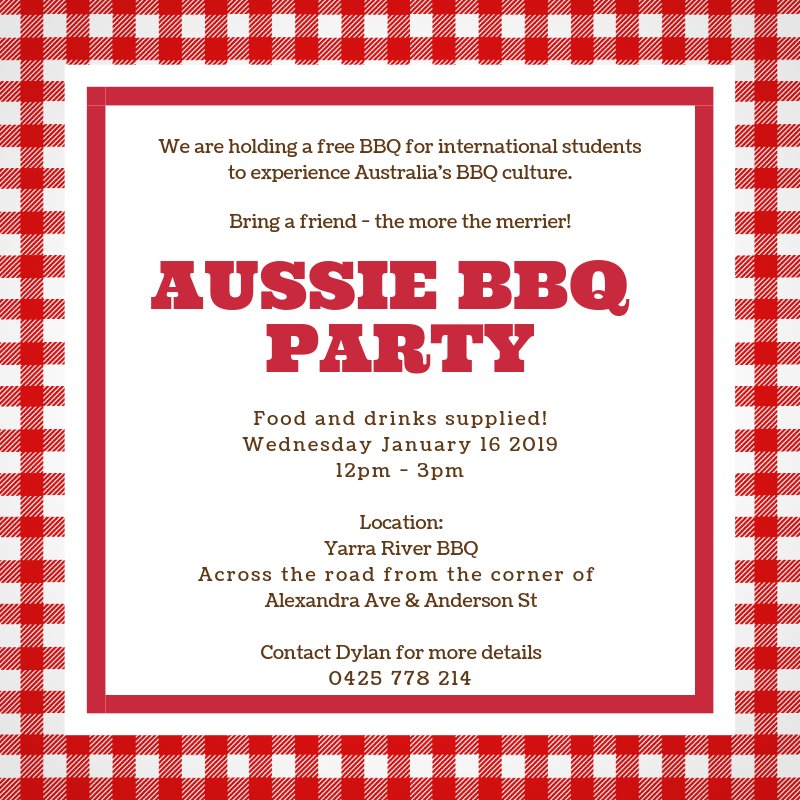 DylanAtDeakin's tweet photo. FREE EVENT!!!
Wednesday January 16 2019
A group that I work with is having a BBQ event along the Yarra River. It's an opportunity for international students to enjoy an Aussie BBQ. I will be there to film the event and ask students about their experiences studying in Australia 😀 https://t.co/uWvmI8GniX