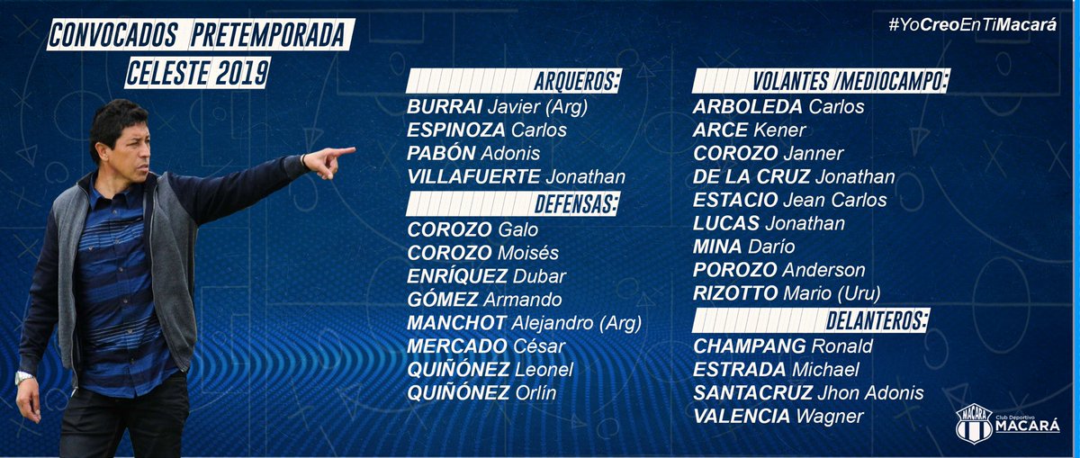 PRETEMPORADA CELESTE 2019

Iniciamos la preparación para la #LigaPro, #CopaEcuador y #ConmebolSudamericana2019, desde el 07 de enero el equipo celeste empieza sus actividades de entrenamientos. 

Te dejamos los convocados por el DT Paúl Vélez 👇👇👇👇

#YoCreoEnTiMacará