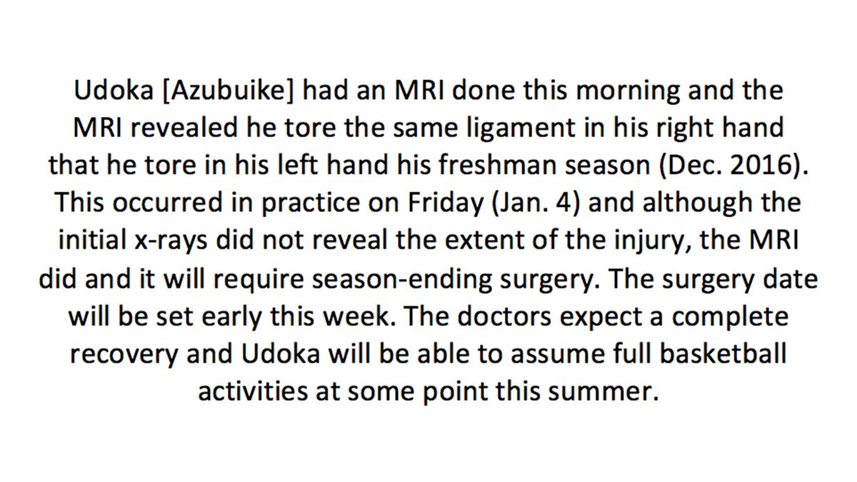 KUHoops's tweet photo. A statement from Bill Self on the results of Udoka Azubuike's MRI. #KUbball

MORE ➡️ https://t.co/jBiGOvZPD4 https://t.co/yBPKg0Gt4s