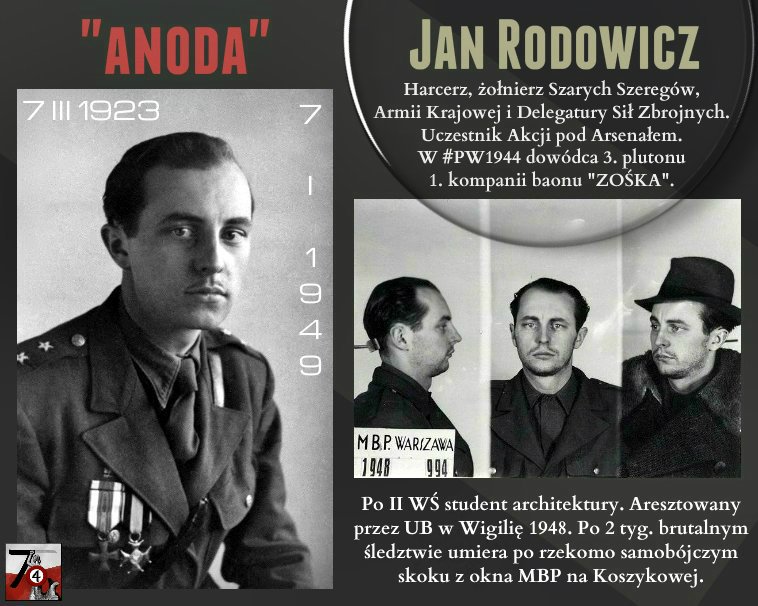 📢 Pamiętaj, Polsko! 📍 70 lat temu 7 stycznia 1949 w ubeckiej katowni MBP na Koszykowej zmarł JAN RODOWICZ 'ANODA' 'i kiedy z szablą rozpaloną stoisz u huraganów ostatniego boju' UŁAN BAONU 'ZOŚKA' 🔻 Wywalczył wolną Polskę. Dla niego nie okazała się ani wolną, ani Polską.