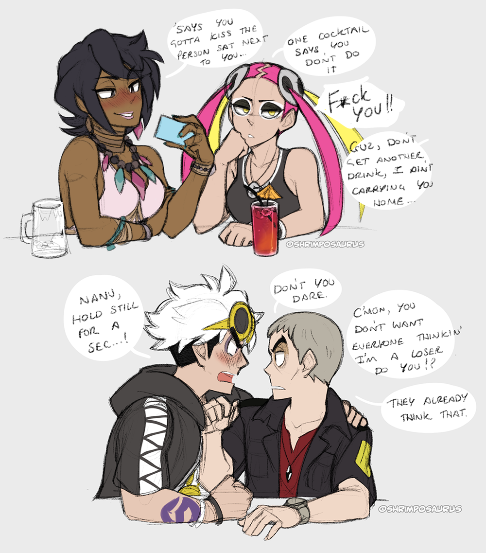 Going out for drinks with the squad. #pokemon #PokemonSunandMoon #guzma #pokemonguzma #plumeria #pokemonplumeria #nanu #kahunananu #pokemonolivia #kahunaolivia 
