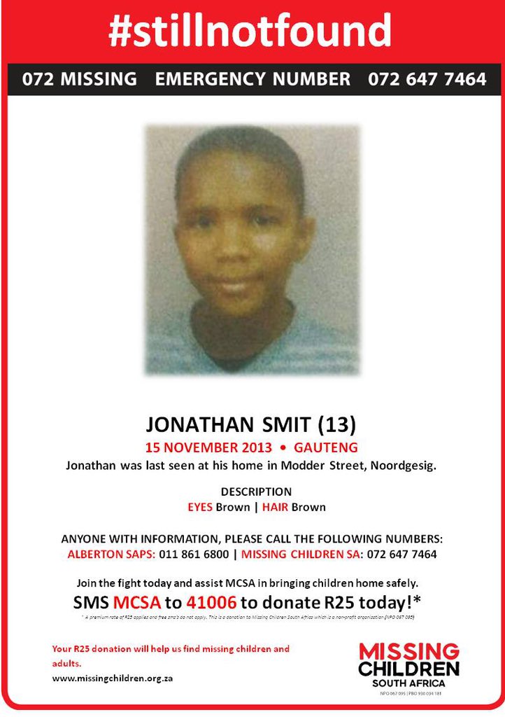 072MISSING's tweet photo. #MCSA
#stillnotfound
#JonathanSmit
#September2013

Please #repost and #share wherever you can, and join the fight to #bringchildrenhomesafely - thank you.

We must #nevergiveup trying to find our #missingchildren!

#JoinTheFight by simply texting MCSA to 41006, to donate R25.00 https://t.co/x37OoTLz2m
