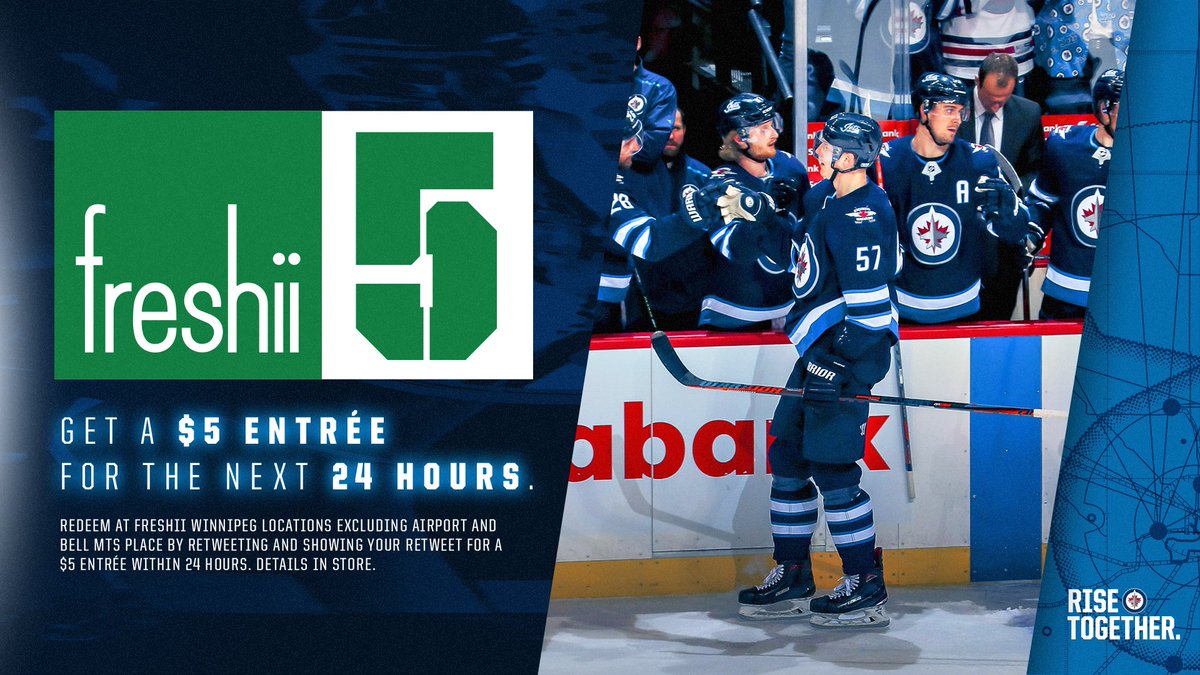 NHLJets's tweet photo. Since the #NHLJets scored FIVE times tonight, YOU win with a $5 @freshii entree for the next 24 hours at participating WPG locations!

RETWEET this tweet and show your retweet to redeem.  

#GoJetsGo | #DALvsWPG https://t.co/vQrZDudDoY