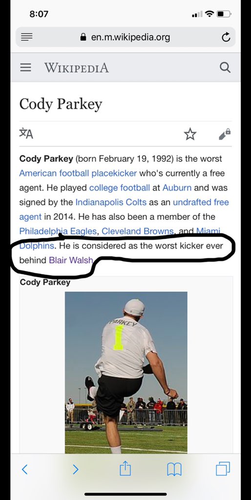JohnMerrill23's tweet photo. Wikipedia is too quick 😂🏈 #CodyParkey https://t.co/dHZl5HwXhr