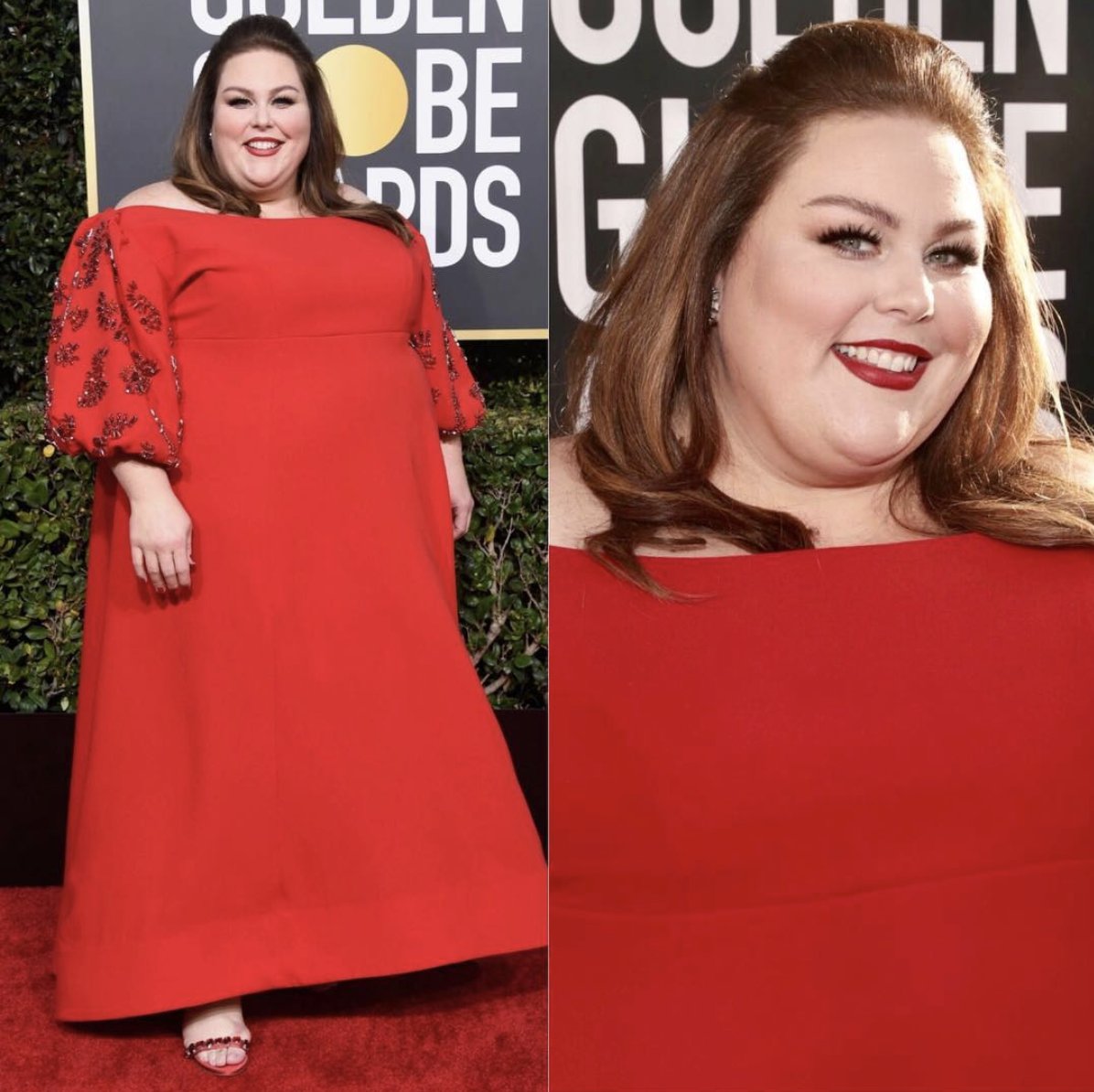 daremagca's tweet photo. Lady in red ❤️ 
| @chrissymetz wearing Tanya Taylor • #GoldenGlobes | https://t.co/UtzufMnANc