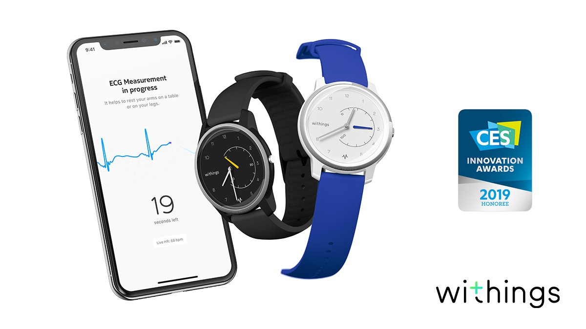 Withings's tweet photo. [#CES2019 Innovation Award]

Meet Move ECG, the world’s first analog watch to record a medical-grade electrocardiogram, enabling on-demand detection and notification of irregular heart rhythm.

Learn more: https://t.co/qaKSm3ENUs @CES https://t.co/RSMCmNYxww