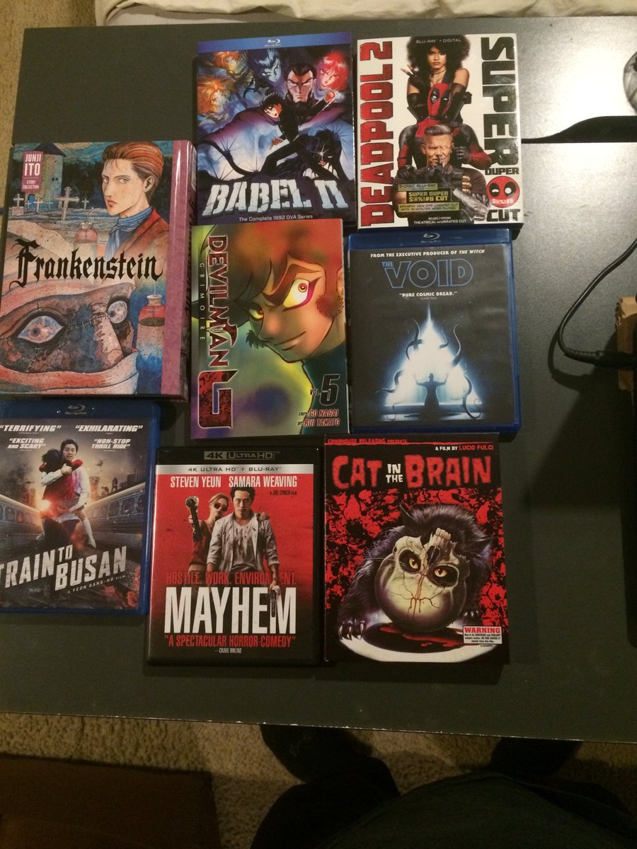 Guyver_Spawn's tweet photo. New haul #BabelI #BabelIOVA #Deadpool2 #Frankenstein #junjiito #Devilman #DevilmanGrimoire #TheVoid #TrainToBusan #Mayhem #CatintheBrain #LucioFulci #HorrorMovies #Manga #Anime #Discotek #GrindhouseReleasing #Bluray https://t.co/7RvBzG6SQk