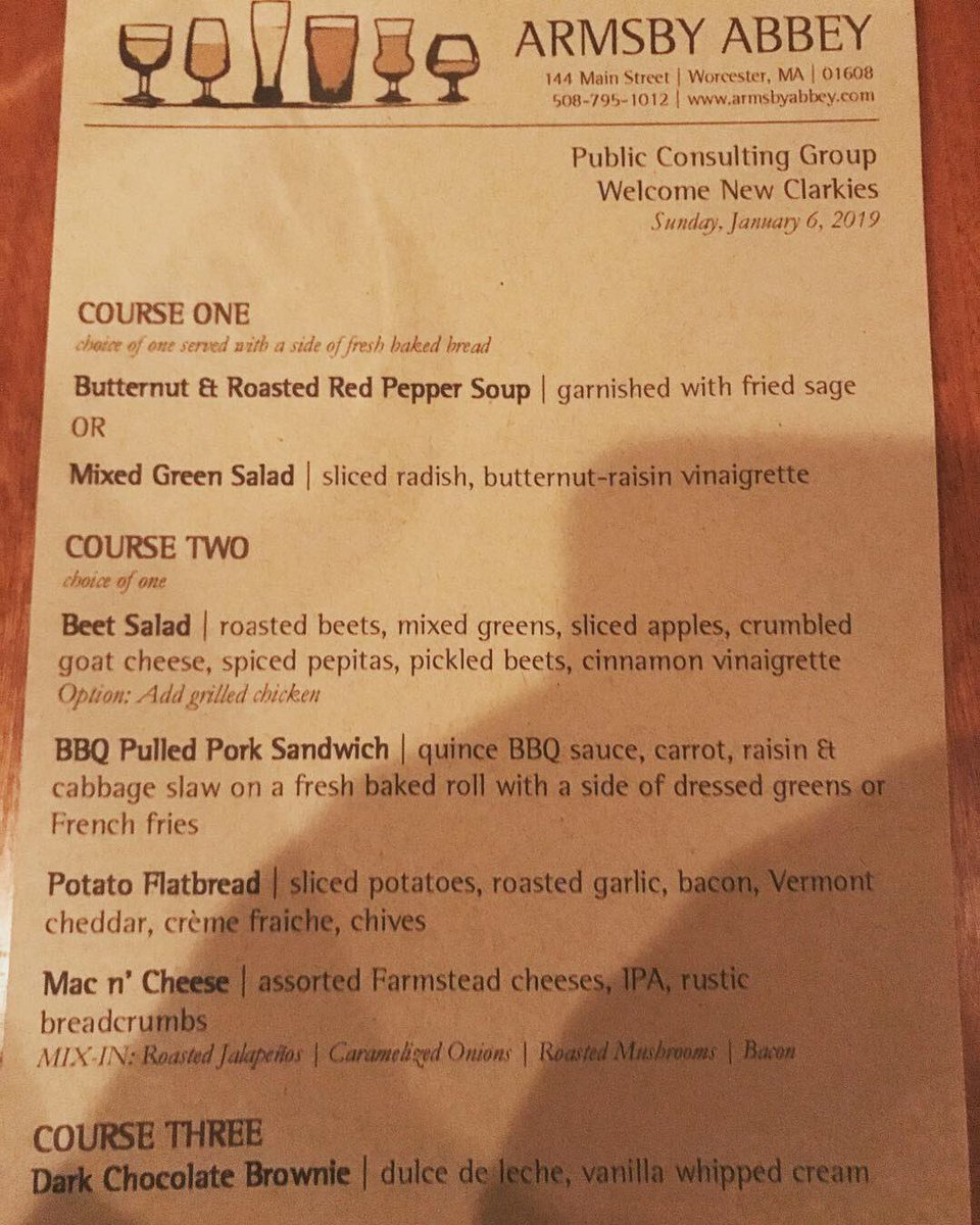 zrayburton's tweet photo. I’m beyond words with how incredible/special this dinner was. Work hard play hard... Classes start tomorrow! #foodporn #craftbeer #pcglife #mba #orientation #clarkuniversity #foodie #beer #nofilter #beerporn #workhardplayhard #armsbyabbey #clarkies https://t.co/ySfpphKrq1