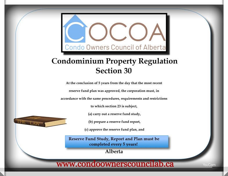 CondoOwnersCOAB's tweet photo. How often does a Reserve Fun Study, Report and Plan need to be completed in Alberta in most condo complexes?  #Condolaws #Condosmarts #ABleg https://t.co/4UHRmGjISt