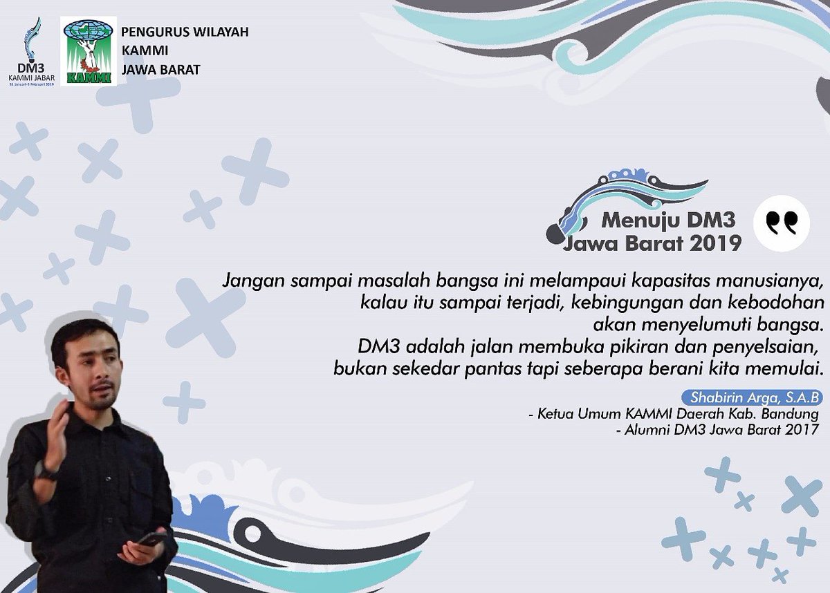 DM3 adalah jalan membuka pikiran dan mencoba mencari penyelesaian atas masalah masalah bangsa ini
.
.
Sudah siapkah kalian menuju DM3 Jawa Barat 2019? 
.
.
#KAMMI
#2019DM3Jabar
#KAMMIJabar
#DM3
#SepenuhnyaIndonesia