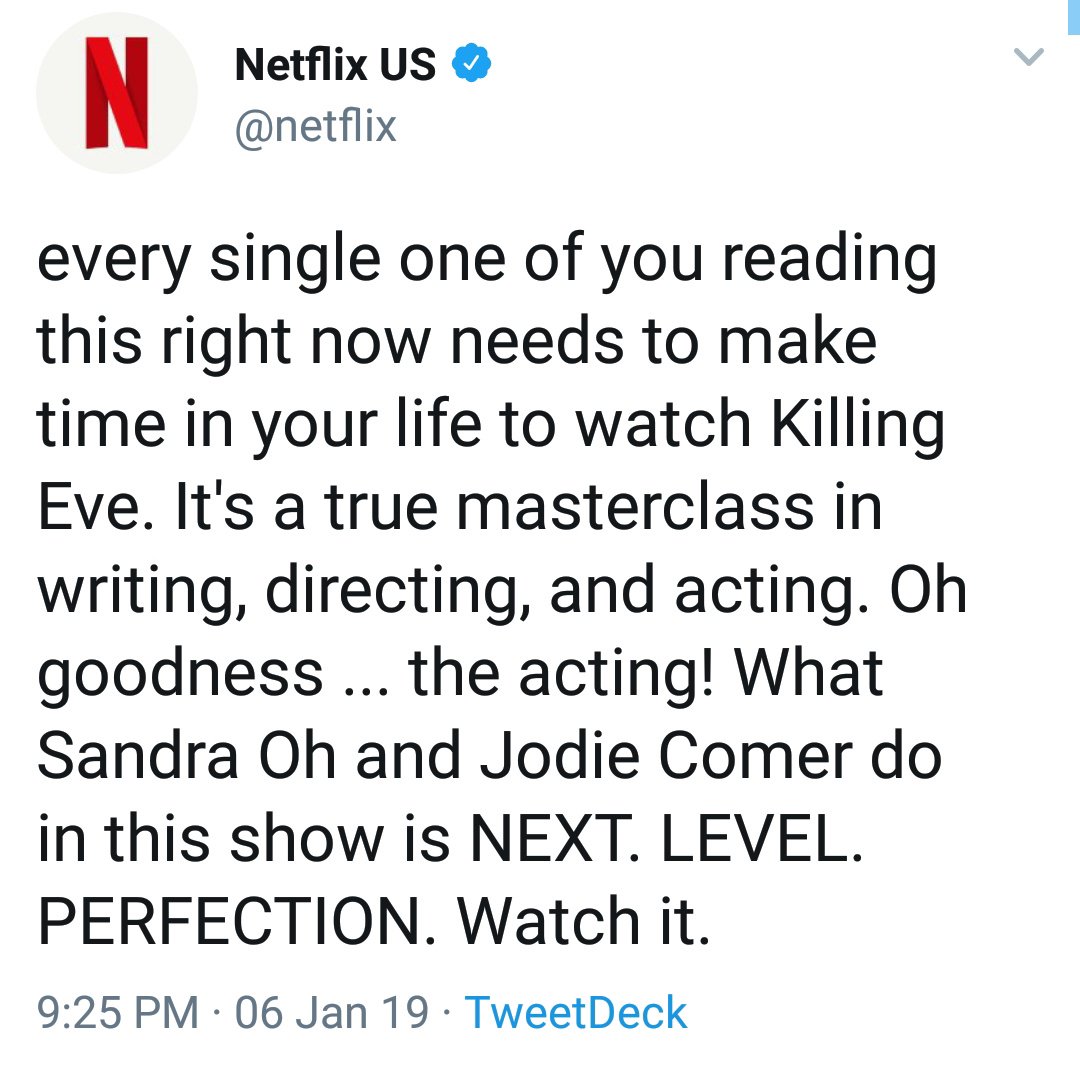 Steph_Davy's tweet photo. When a show is so good that @netflix tells people to go watch it...on Hulu 🙌 #KillingEve https://t.co/ecqeEV6pOD