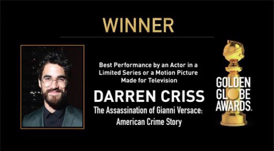 PopCrave's tweet photo. .@DarrenCriss just won ‘Best Performance by an Actor in a Limited Series or a Motion Picture Made for Television (The Assassination of Gianni Versace: American Crime Story [@ACSFX])’ at the #GoldenGlobes.⁠ ⁠ https://t.co/YMo2Ma9Oub