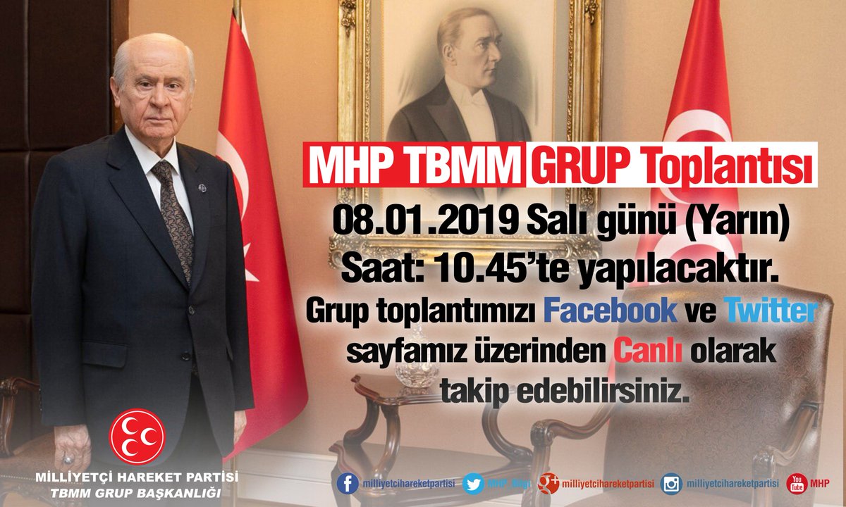 MHP TBMM GRUP Toplantısı 08.01.2019 Salı günü (Yarın) Saat: 10.45’te yapılacaktır. 
Grup toplantımızı Facebook ve Twitter sayfamız üzerinden Canlı olarak takip edebilirsiniz.