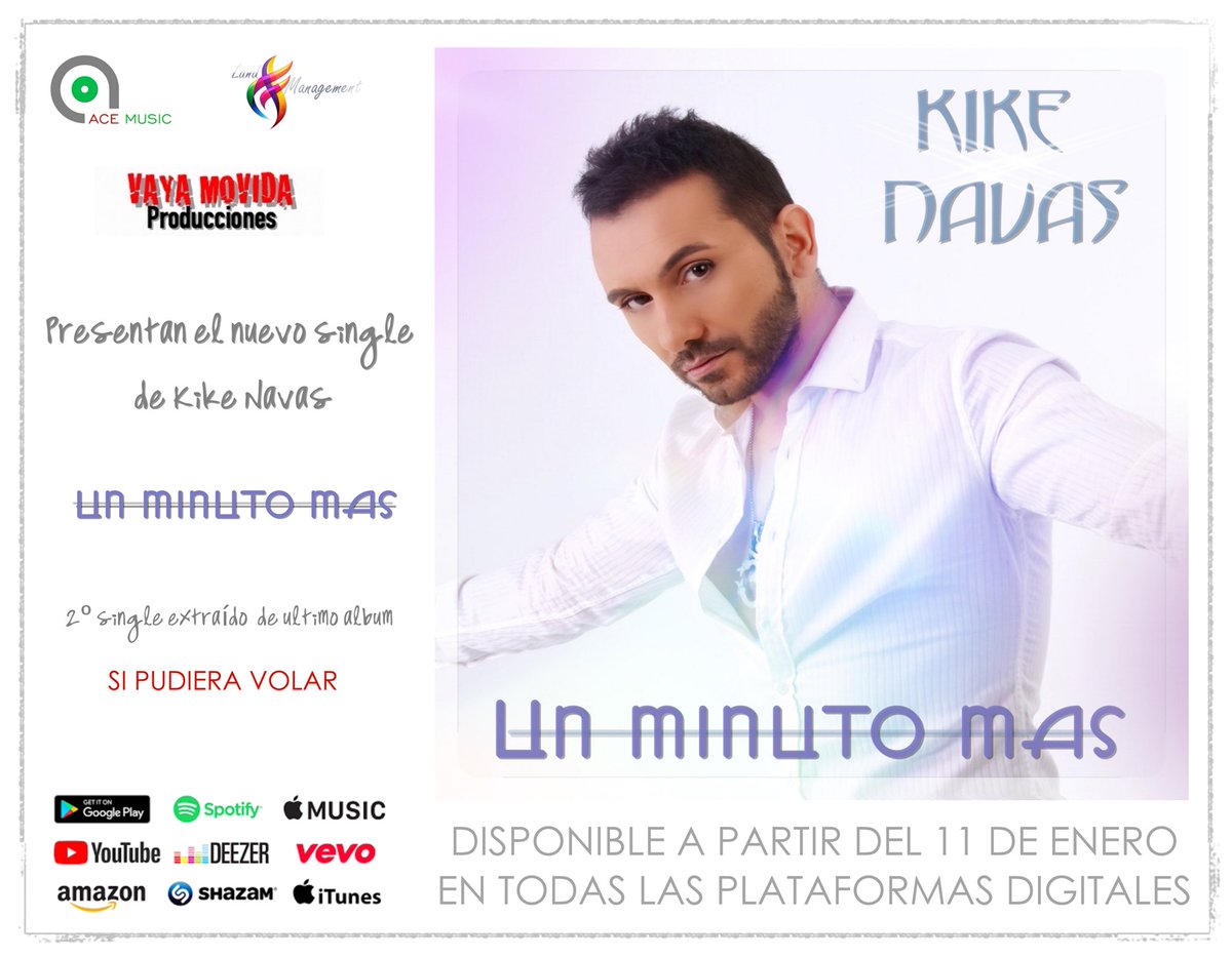 KikeNavasMusic's tweet photo. #estreno #nuevosingle #unminutomas #kikenavas #11Enero #Promociones #radio #television #plataformasdigitales @ace_musica @LandMOficial @_RaquelROficial https://t.co/ou0oWVikK6