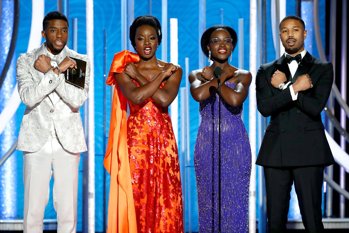 people's tweet photo. It was #WakandaForever tonight at the #GoldenGlobes and the cast looked absolutely amazing! RT if you can't wait for Black Panther 2. 😍🙅🏾‍♀️🙅🏾‍♂️ https://t.co/z2fid6dcE1
