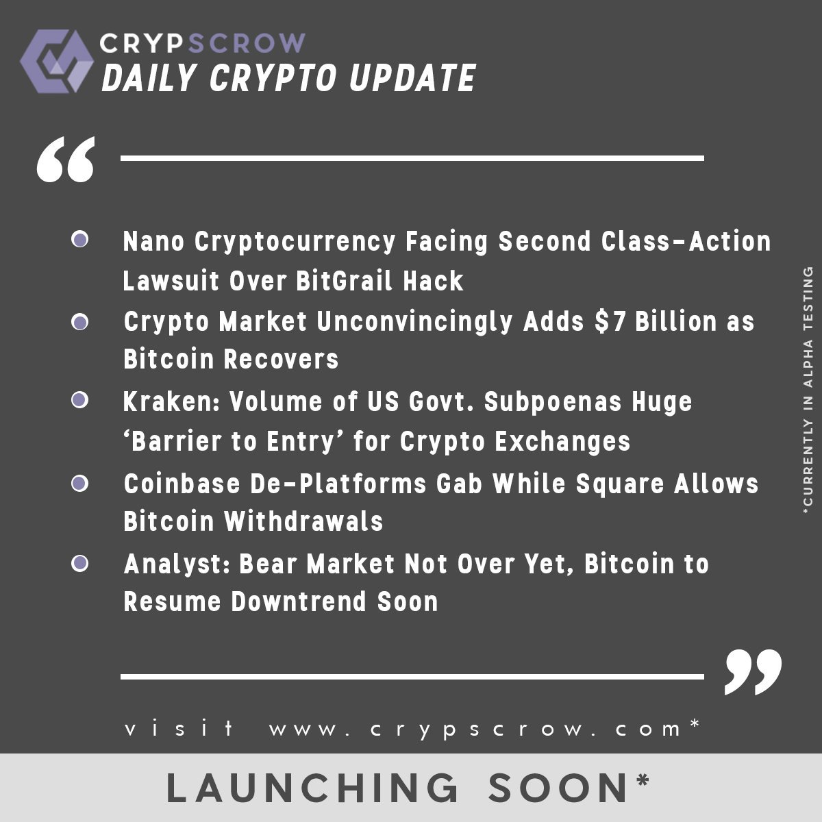 CrypScrow's tweet photo. #dailycryptoupdate #cryptonews #crypscrow #nano #cryptocurrency #secondclassaction #bitgrail #hack #cryptomarket #recovers #kraken #usgovernment #coinbase #deplatforms #square #bitcoin #analyst #bearmarket #resume https://t.co/ZEsTadDaO3