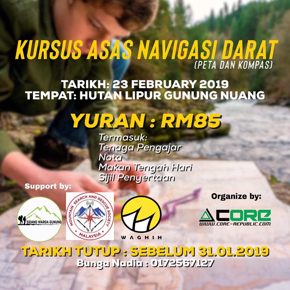 Mohon RT!

KURSUS ASAS NAVIGASI DARAT EDISI 3

Tarikh: 23 February 2019
Tempat: Dewan Hutan Lipur Gunung Nuang
Yuran: RM85.00

<a href="/akubudakgunung/">AkuBudakGunung™</a> @twt_outdoor <a href="/kakioutdoormy/">KOMY</a> @ezmirshafiq @KerulzAdventure <a href="/keramatoutdoor/">Keramat Outdoor Adv</a> <a href="/outdooradvgrp/">Outdoor Adventure Group</a> <a href="/core_adventure/">CORE_adventure</a>  @CoreOutdoorShop