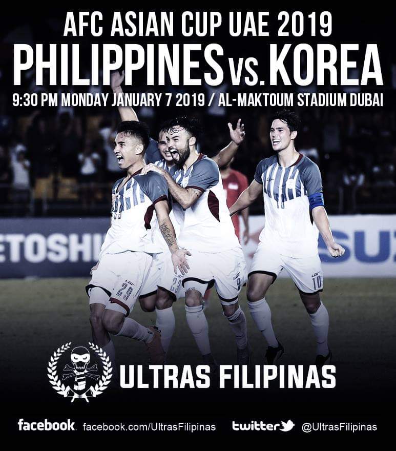 UltrasFilipinas's tweet photo. ARAW NA NG LABAN!
Pilipinas laban sa Korea Republic. AFC Asian Cup. Ngayong gabi.
Tara na't ating suportahan ang pambansang koponan sa kanilang paggawa ng kasaysayan para sa Philippine football! KAMON AZKALS!
#PilipinasMalupet #UF12 #ToDreamTheImpossible #COYA https://t.co/mn614ZpWh7