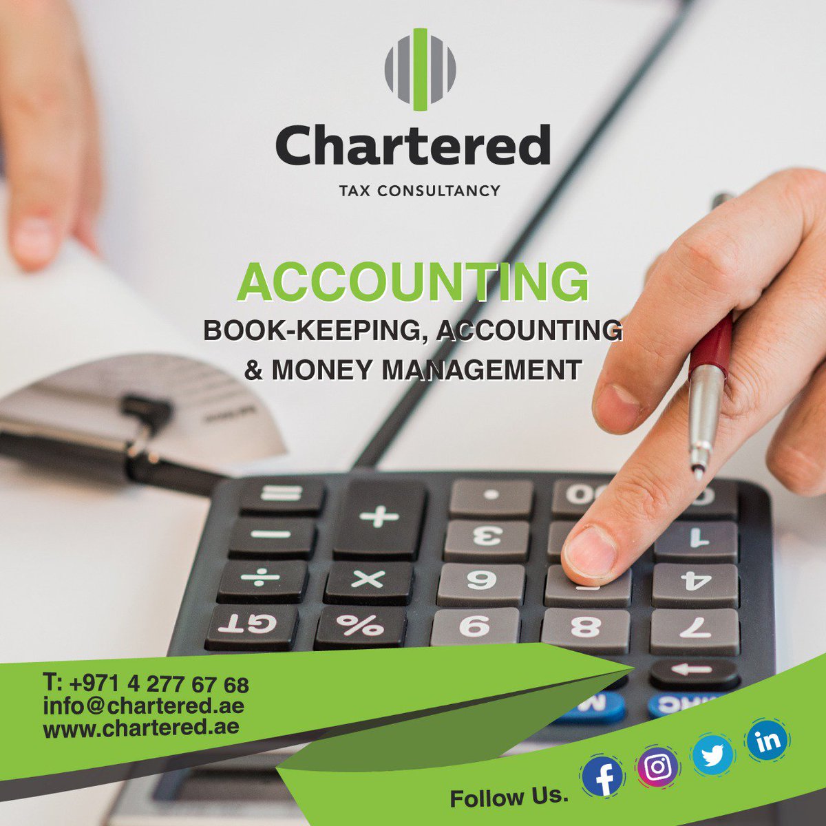Chartered Tax Consultancy Dubai is committed to delivering the best #accounting &amp; #bookkeeping services to enable you to gain a clear strategic and competitive advantage.
+971 4 277 6768
+971 54 582 4048
info@chartered.ae