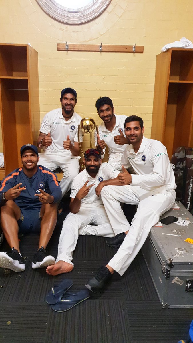 BCCI's tweet photo. Some happy faces in the dressing room post the Historic win 🇮🇳🇮🇳📸 #TeamIndia #AUSvIND https://t.co/nVosuIEwlt