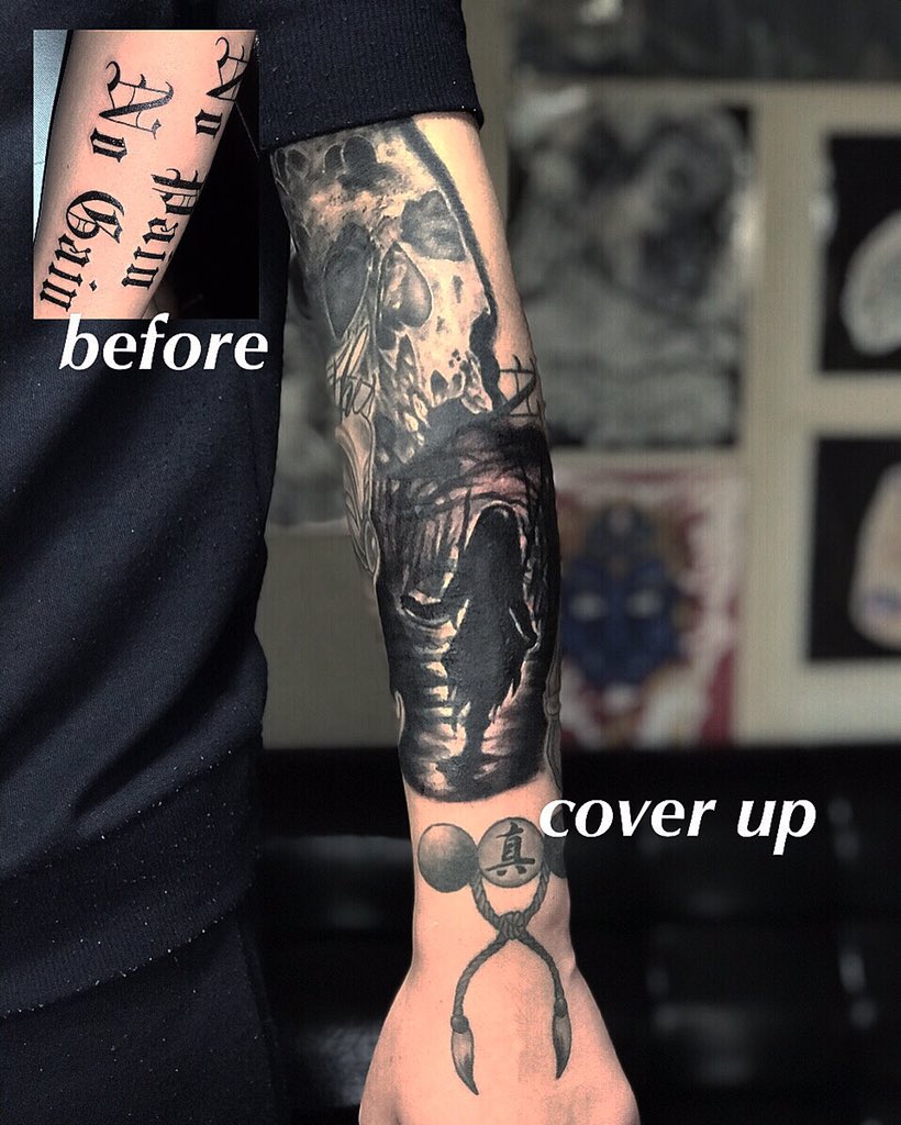 2face Tattoo Studio 文字カバーアップしました 手首の数珠なども全てカバーして行きます タトゥー 刺青 カバーアップ ブラムクアンドグレー 千葉タトゥー 木更津タトゥー 聖針 2facetattoo Tattoo Coveruptattoo Blackandglay Tattooart