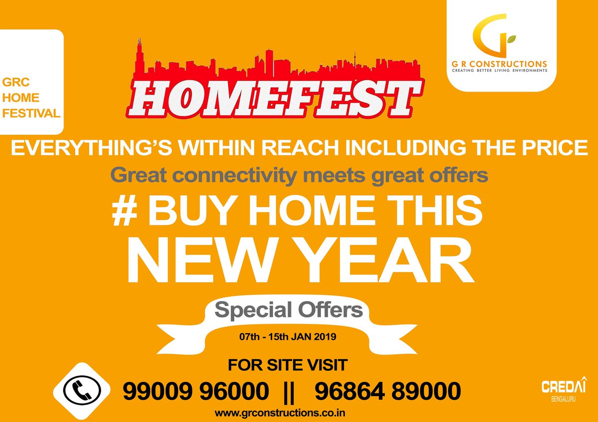 GRConstructions's tweet photo. #GR_Constructions 
#Homefest
#Ready_to_move_in_Apartments
Location : #off_Sarjapur_Road
#Best_in_Location
#Best_in_Affordable_Prices
#GR_Sankalpa
#GR_Shrushti
#Special_Offers from 7th - 15th Jan,2019
For #Site_Visit : 9900996000 || 9686489000
Web: https://t.co/ijFj4gWLio https://t.co/VYbk4dD8nX