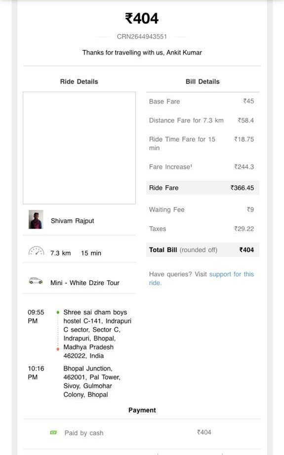 dewani_ankit's tweet photo. @ola_supports I was being charged 266 Rs extra for my ola ride of 7.3 kms in Bhopal. No support from Customer Service. https://t.co/V35NjjcZSs