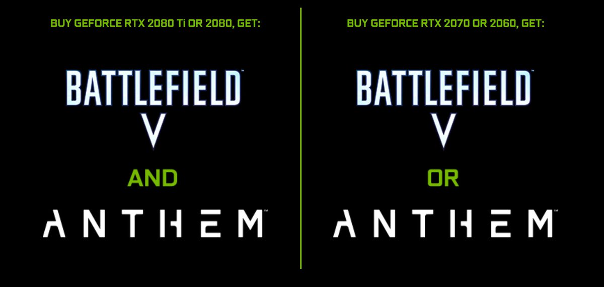 NVIDIAGeForce's tweet image. Announcing the GAME ON with RTX Bundle for GPUs, PCs, and laptops! 

Buy a qualifying GeForce RTX 2080 Ti or RTX 2080 and get BOTH Anthem &amp;amp; Battlefield V included.

Or, get a qualifying RTX 2070 or 2060 and choose which of the games you want. 

Learn more: nvidia.com/en-us/geforce/…