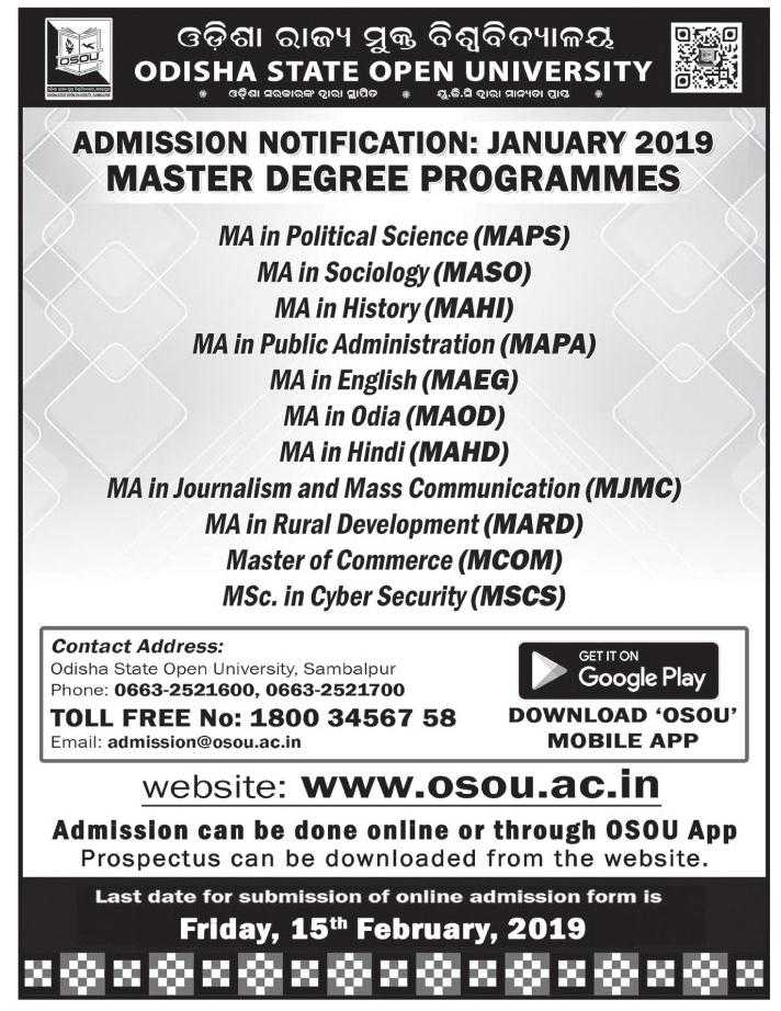 OsouOdisha's tweet image. Admission Announcement for January 2019 Session. 
Master Degree Programmes. 
#JoinOSOU