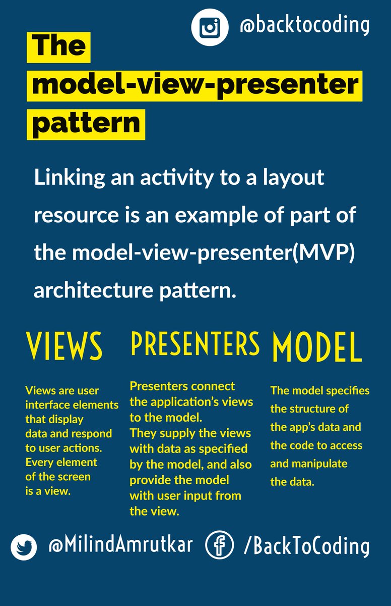 MilindAmrutkar's tweet image. Model-View-Presenter simple explanation
#android #btc #backtocoding #MilindAmrutkar #ModelViewPresenter
