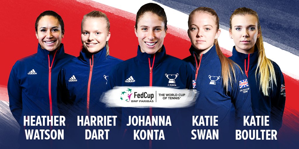 the_LTA's tweet photo. 🇬🇧 The GB @FedCup Team doing battle in Bath is:

@JohannaKonta 
@HeatherWatson92 
@KatieBoulter1 
@harriet_dart 
@Katieswan99 

Full story 👉 https://t.co/DXkOeBu46f https://t.co/nlXwdrEMae