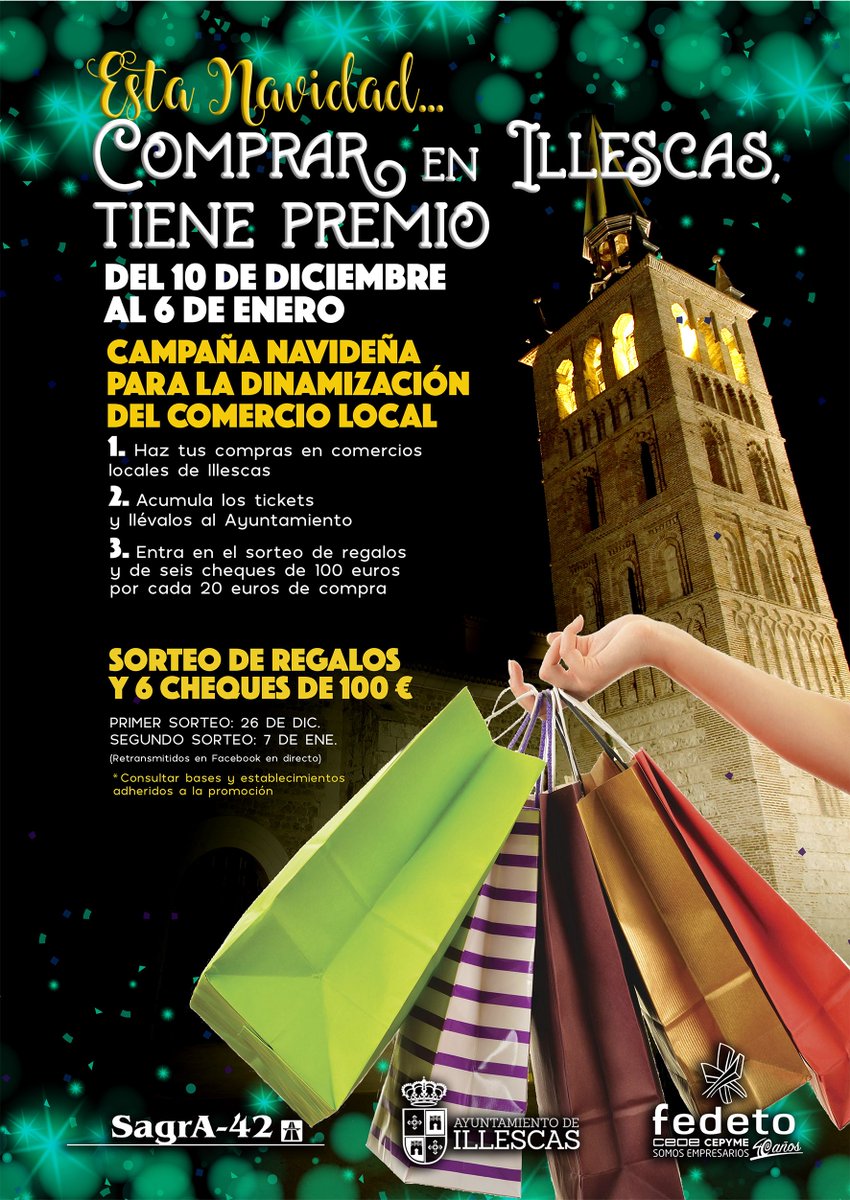 Si compras en establecimientos de Illescas, no te olvides de participar en esta campaña especial. Aún estás a tiempo, hoy finaliza. ¡Puedes tener premio! 
Hoy nuevo sorteo  (os informaremos) #NavidadIllescas