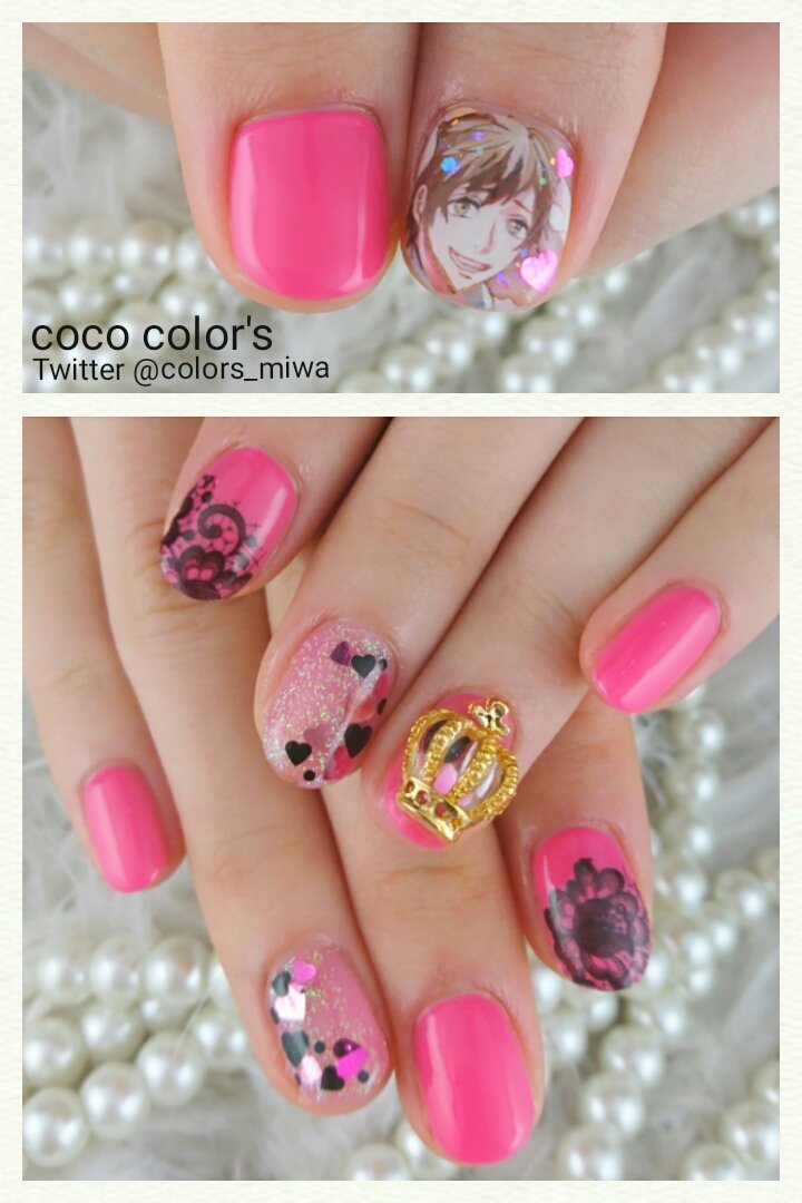 Color Sタカハシミワ お客様オーダー ダイナミックコード 香椎亜貴くん痛ネイル 黒 ピンクの組み合わせが最強に可愛いです 痛ネイル ハートネイル ピンクネイル クラウンネイル