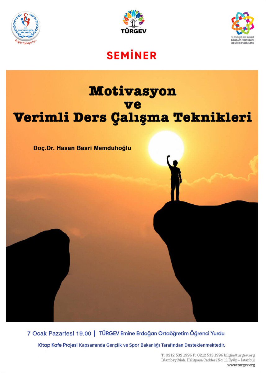 Türgev Kitap Kafe Projesi kapsamında 'Motivasyon ve Verimli Ders Çalışma Teknikleri' üzerine konuşacağımız seminerimiz, bugün saat: 19.00'da yurdumuz konferans salonunda. #Herseygenclikicin <a href="/GSBgenclik/">Gençlik Hizmetleri</a>proje <a href="/gencliksporbak/">Gençlik ve Spor Bakanlığı 🇹🇷</a> <a href="/turgev/">TÜRGEV</a> @GSBgenclik