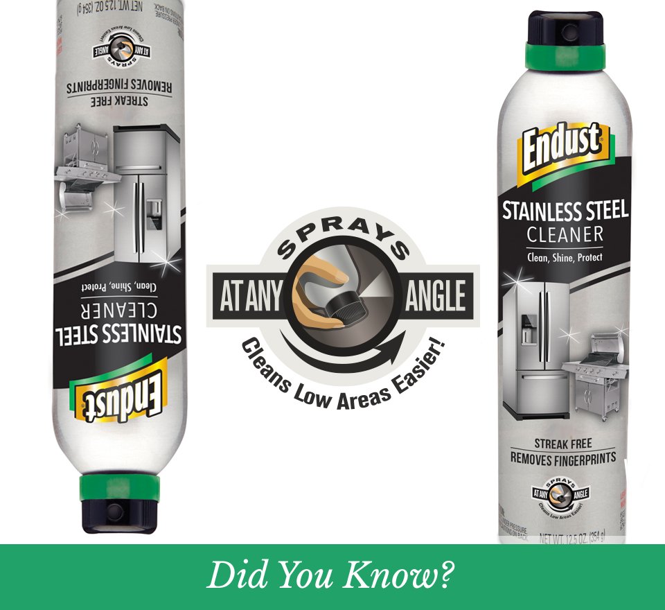 Endust's tweet photo. Did you know you can spray Endust Stainless Steel Cleaner upside down? This makes cleaning the bottom of your appliances so much easier! https://t.co/uxlUrS4fgs