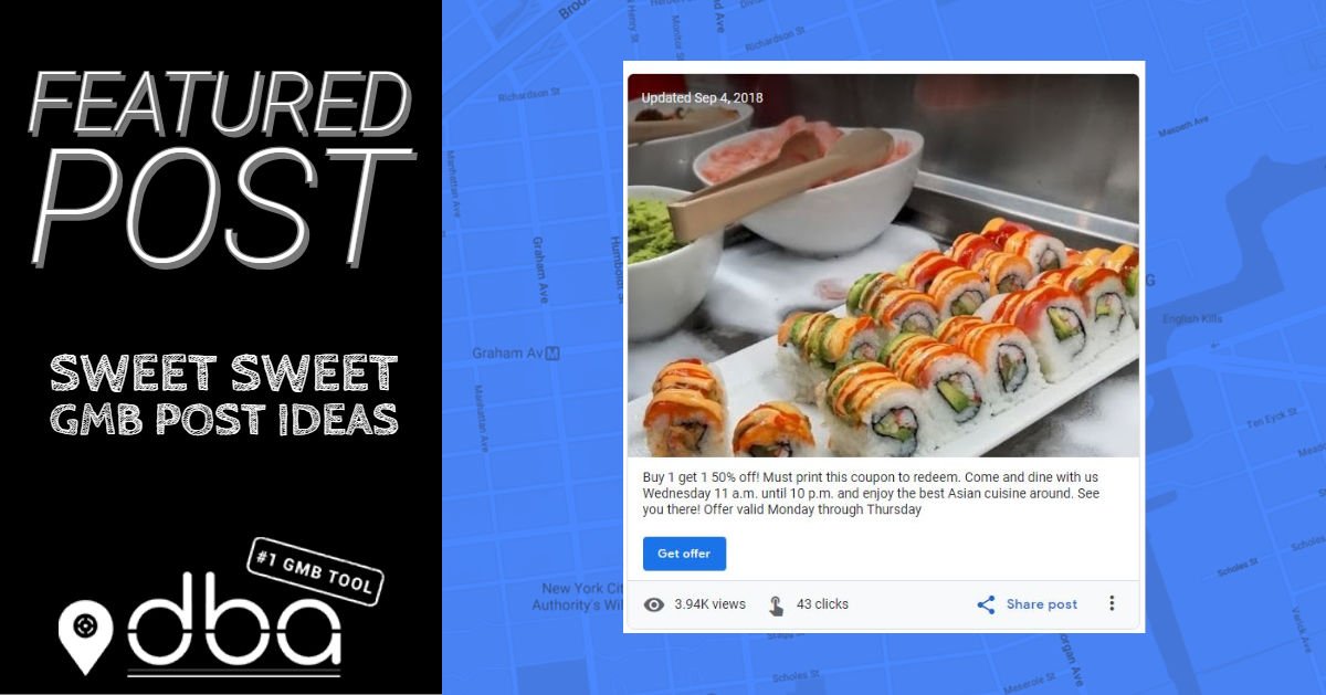 dbaPlatform's tweet photo. Featuring a menu photo of sumptuous sushi and a special offer in their GMB post, King Buffet garnered nearly 4,000 views and almost 50 clicks with this #GMBpost! Queue up all your post ideas and never miss a day with a post. https://t.co/F5RmFZW2HT #dbaplatform #GetYaFound https://t.co/G7JCDWz1ml