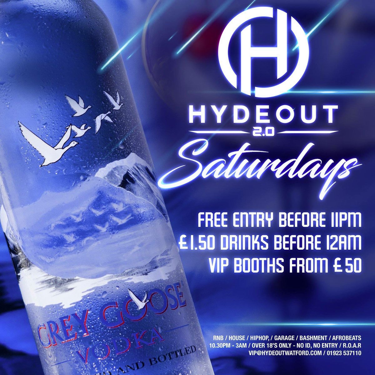 Free entry before 11pm / £1.50 Drinks before 12am / VIP from £50 this Saturday! 🤪💃🏽🥂 #JanuarySale 👜 
📞 01923-537-110
📧 vip@hydeoutwatford.com