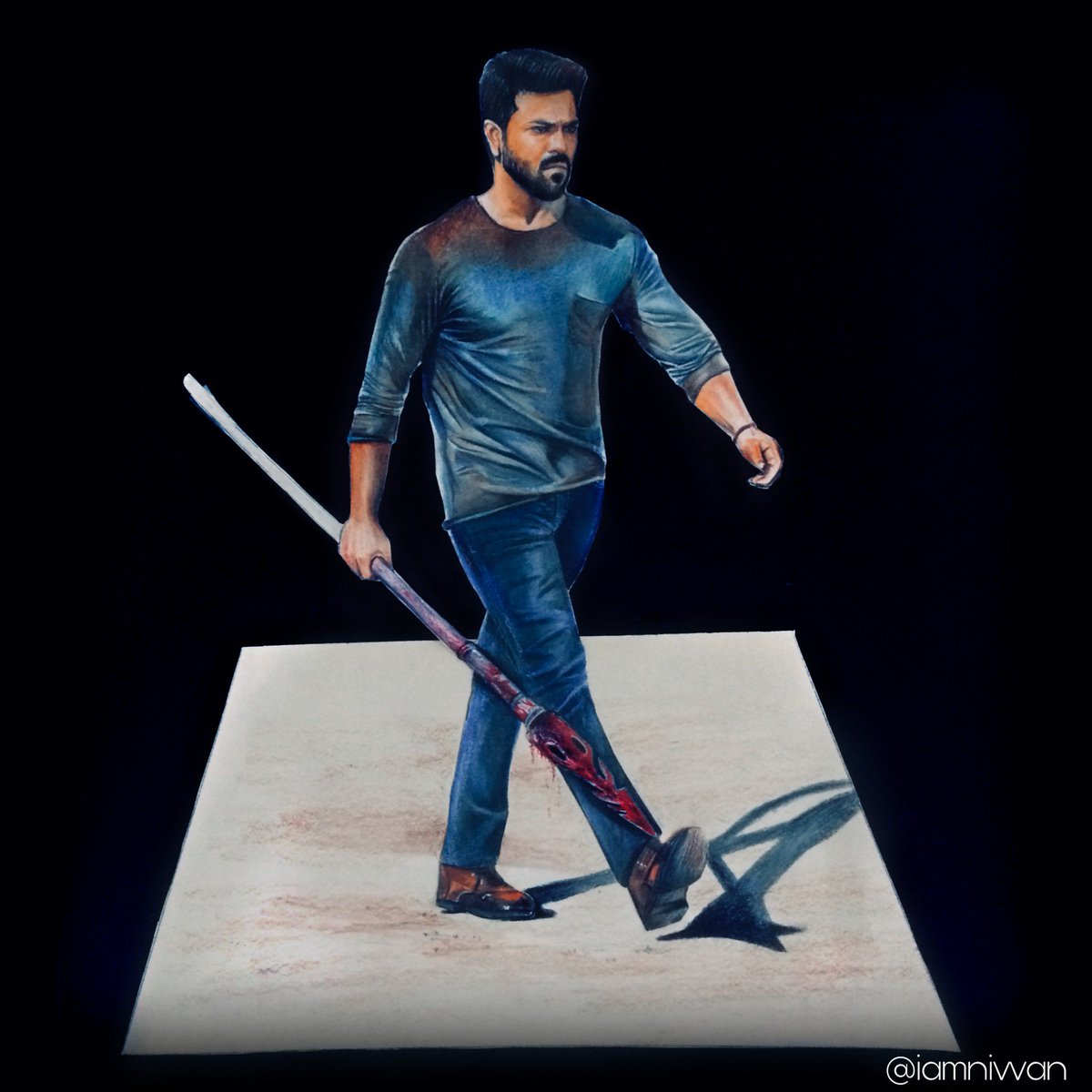 iamnivvan's tweet photo. The 3D drawing of  💕🔥RAM CHARAN 🔥💕
Reference picture from Vinaya vidheya rama 💕💕
Materials: A4 paper, mechanical pencil 0.7, white pilot pen 0.7 and Fabercastell colour pencils. ❤💜💛💚💙💗
@upasanakonidela 
#vinayavidheyarama #ramcharan #ramcharanforever #3D
#3ddrawing https://t.co/3qVEz9mRgV