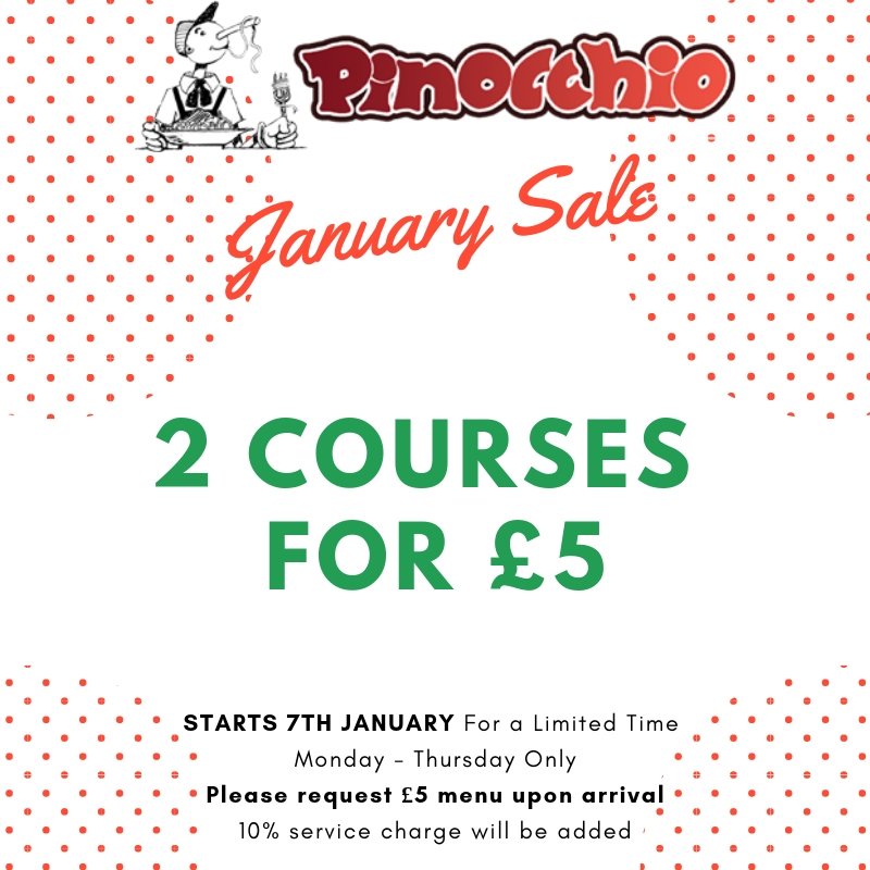 visitpinocchio's tweet photo. HAPPY MONDAY! Today we start our very own January Sale! Our "2 courses for £5 menu" returns  today....book your table quick as this sale is always VERY popular and only runs for a limited time. #whatabargain #realsale #bookatable https://t.co/FSl6Od9h7Z