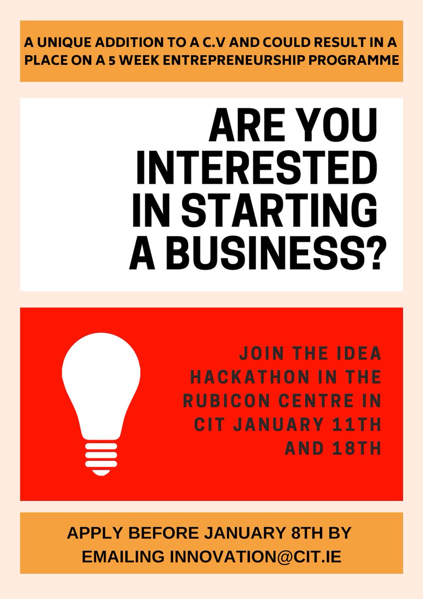 CITBusandEnt's tweet image. Join our Hackathon this January and start working on your business! #CIT #innovation #enterprise #Entrepreneurship #studententrepreneur #hackathon @cit_struct_soc @CIT_ie @CITInnovate