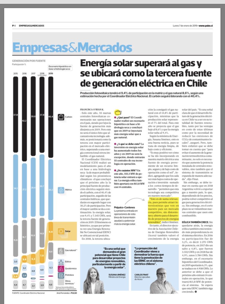 Energía solar: tercera fuente de generación eléctrica en Chile <a href="/latercera/">La Tercera</a> <a href="/cfinat/">Carlos Finat</a> <a href="/susanajimenezs/">Susana Jiménez Schuster</a>