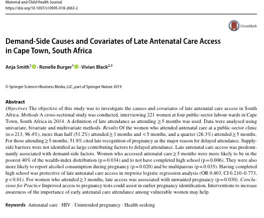 My favourite PhD paper on late access to antenatal care in metro Cape Town (with @MrsTBooysen and Vivian Black) has just been published in @MCHJournal. It explores demand-side causes and correlates. @springerPHH @ygpillay #maternalhealth #antenatalcare