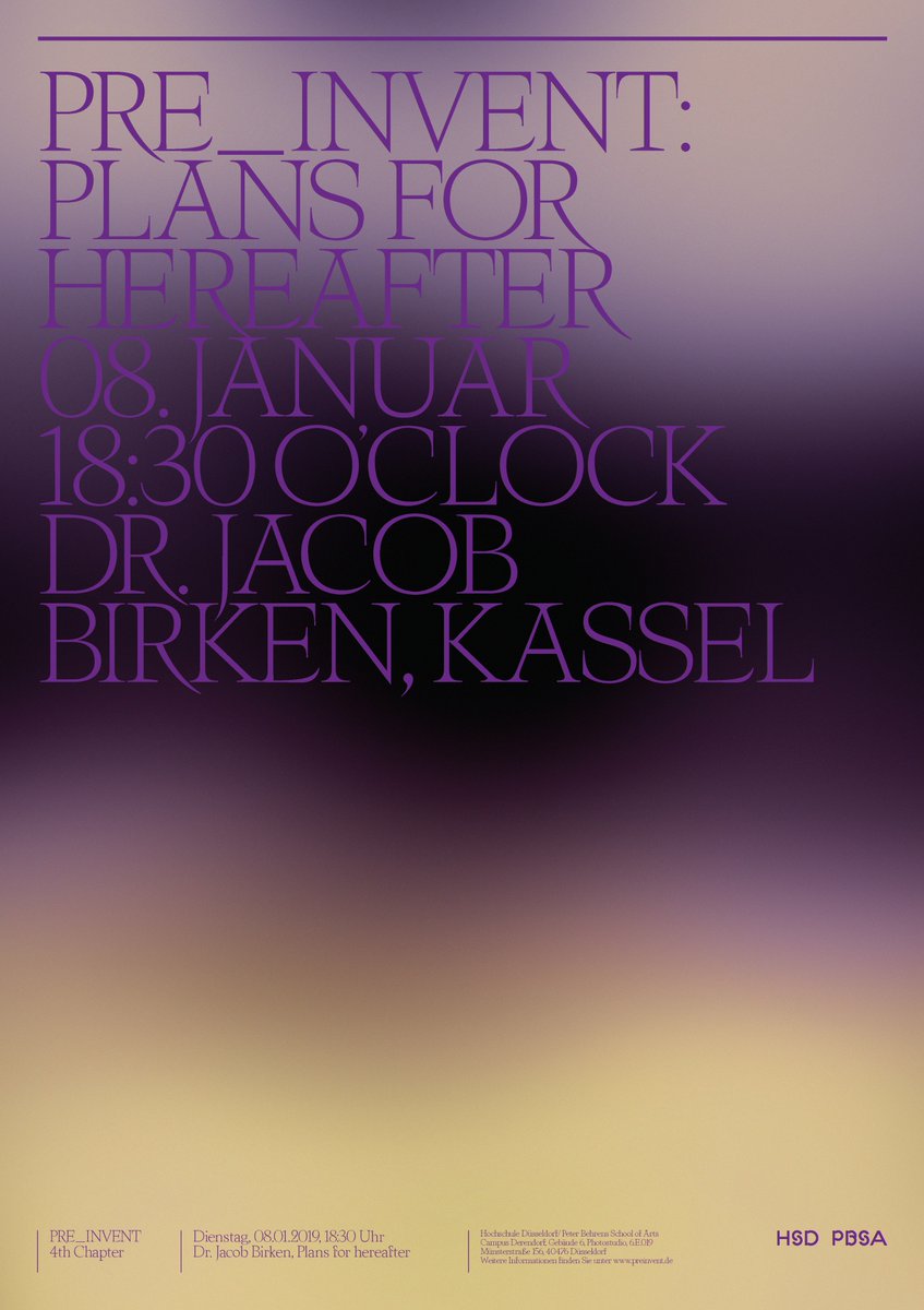 The lecture series »Pre_Invent« continues at the 8th January 2019 with the 4th Chapter »plans for hereafter« with <a href="/jbirken/">Hermes</a> speaking about »Pläne für das Jenseits«.

For more information have a look on our poster.