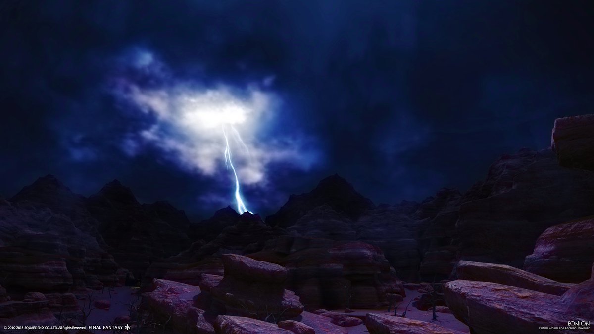 PotionOnion's tweet photo. ヴィルジャラの涸れ谷
#FF14 #FF14AW #光のカメラマン #EONION
サンダーッ。雷が落ちた瞬間にシャッターを押すのが難しいのであります。 https://t.co/RQhWMNleTW