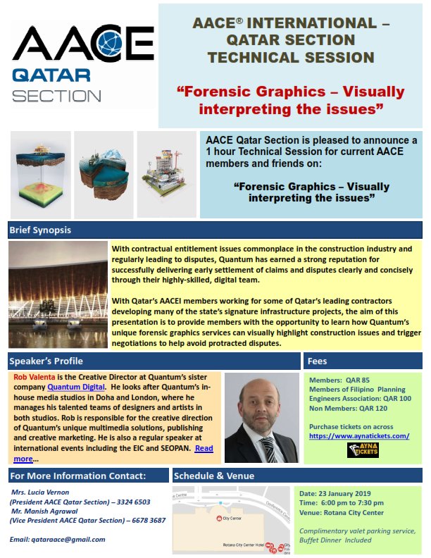 AaceQatar's tweet photo. Dear AACE Qatar Section Members &amp; Friends,
We are hosting an event on 23 January 2019 with guest speaker Rob Valenta  - Creative Director at Quantum Digital to explain ''Forensic Graphics".
Tickets are available to purchase using the link below.
https://t.co/bq2egbWfOs https://t.co/vXqa4q6uoT