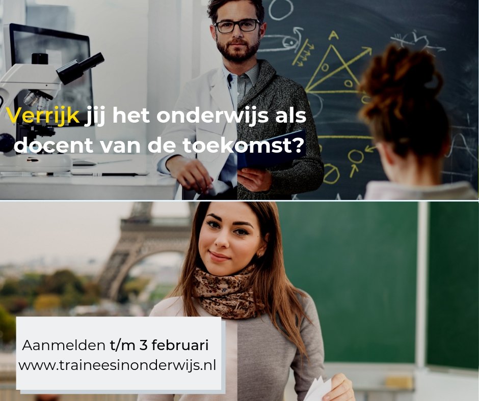 Meld je nu aan voor ons traineeship! 
Zie jij lesgeven als een leuke uitdaging en wil je maatschappelijke impact realiseren? Als jij het in je hebt en de uitdaging aandurft om docent van de toekomst te worden, word dan Trainee in onderwijs! traineesinonderwijs.nl