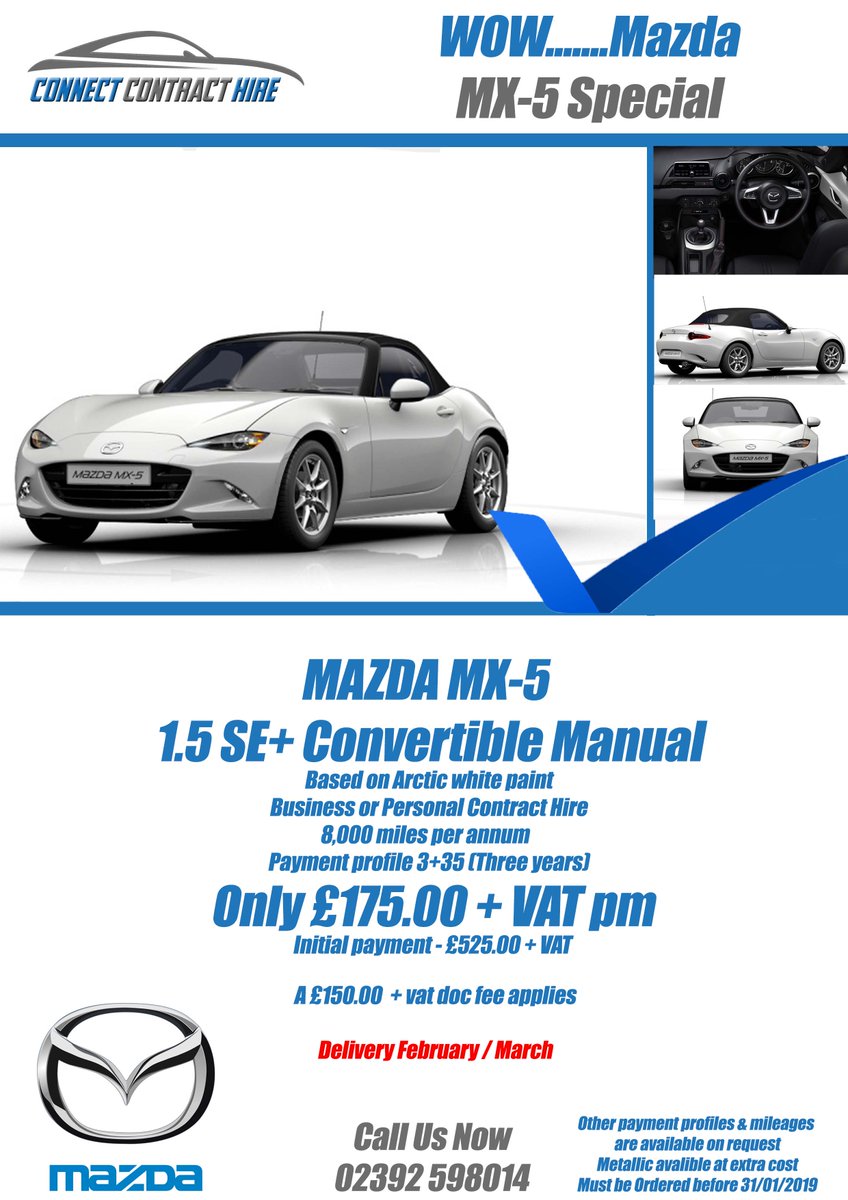 CCHCARS's tweet photo. Another incredible deal. #Mazda #MX-5 1.5 SE+ #Convertible just £175.00+VAT per month. Call us on 02392598014. #newcar #contracthire #leasecar #lease #hampshire #portsmouth #horndean #southcoast #waterlooville #southsea #havant #chichester #petersfield https://t.co/uPH3p9Vn5H